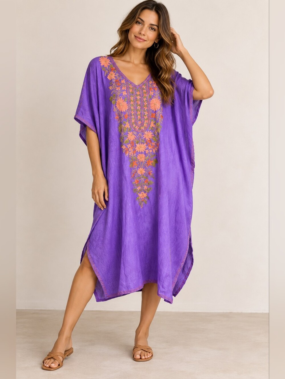 Caftan Kaftan Long Maxi Boho Gypsy Cover up Swim Beach Embroidered Purple Orange